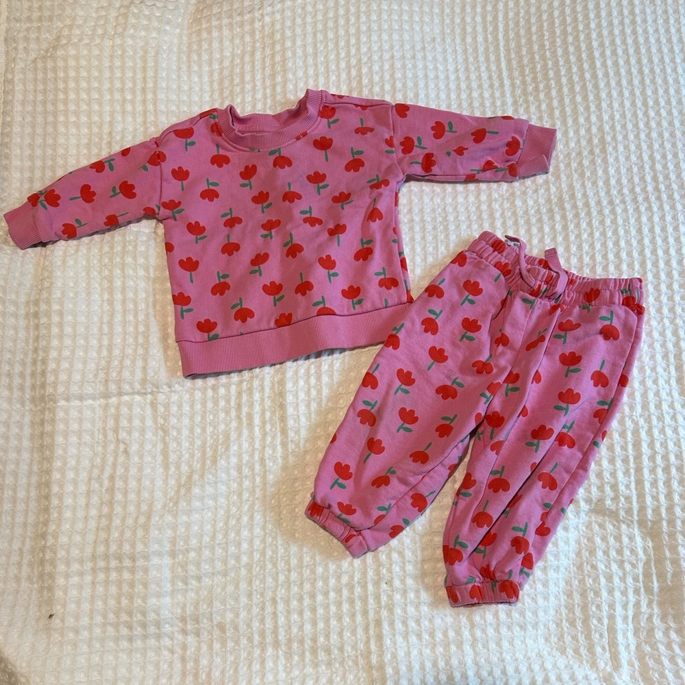 Hanna Andersson Pink Sweatshirt & Jogger Set with Red Tulip Detail